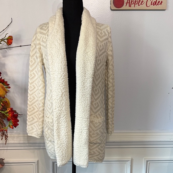 LOFT Cream Sherpa Collar Chunky Knit Pockets Open-Front Cardigan SP - Picture 1 of 6